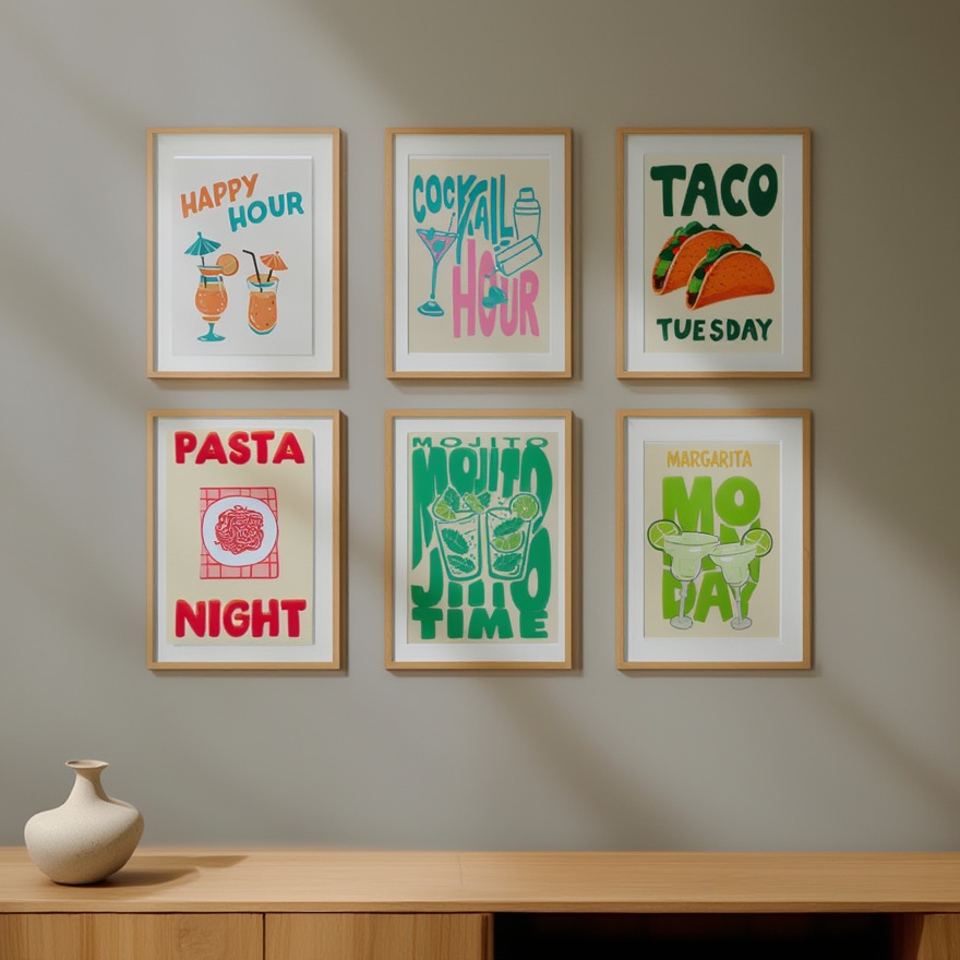 6 Fun Pasta, Wine & Dine, and Cocktail Prints – Kitchen & Dining Wall Art - Hakyarts