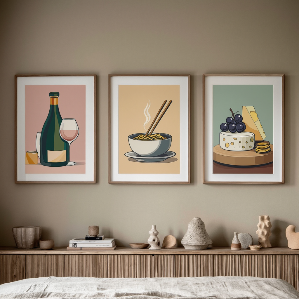 Wine & Cheese Noodles Art Living Room - Set of 3 - Hakyarts