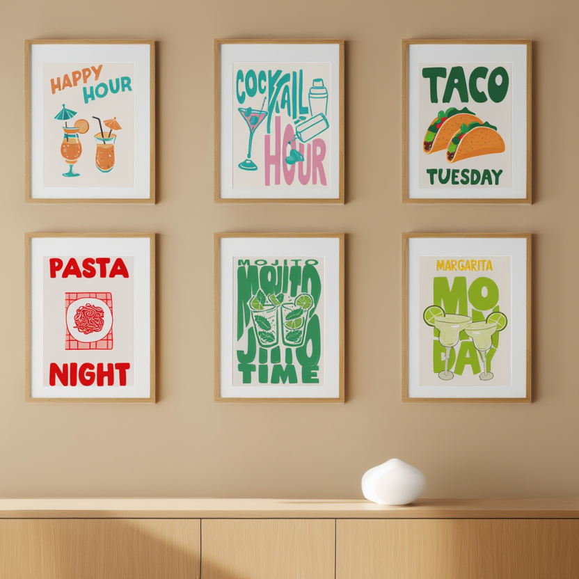 6 Fun Pasta, Wine & Dine, and Cocktail Prints – Kitchen & Dining Wall Art - Hakyarts