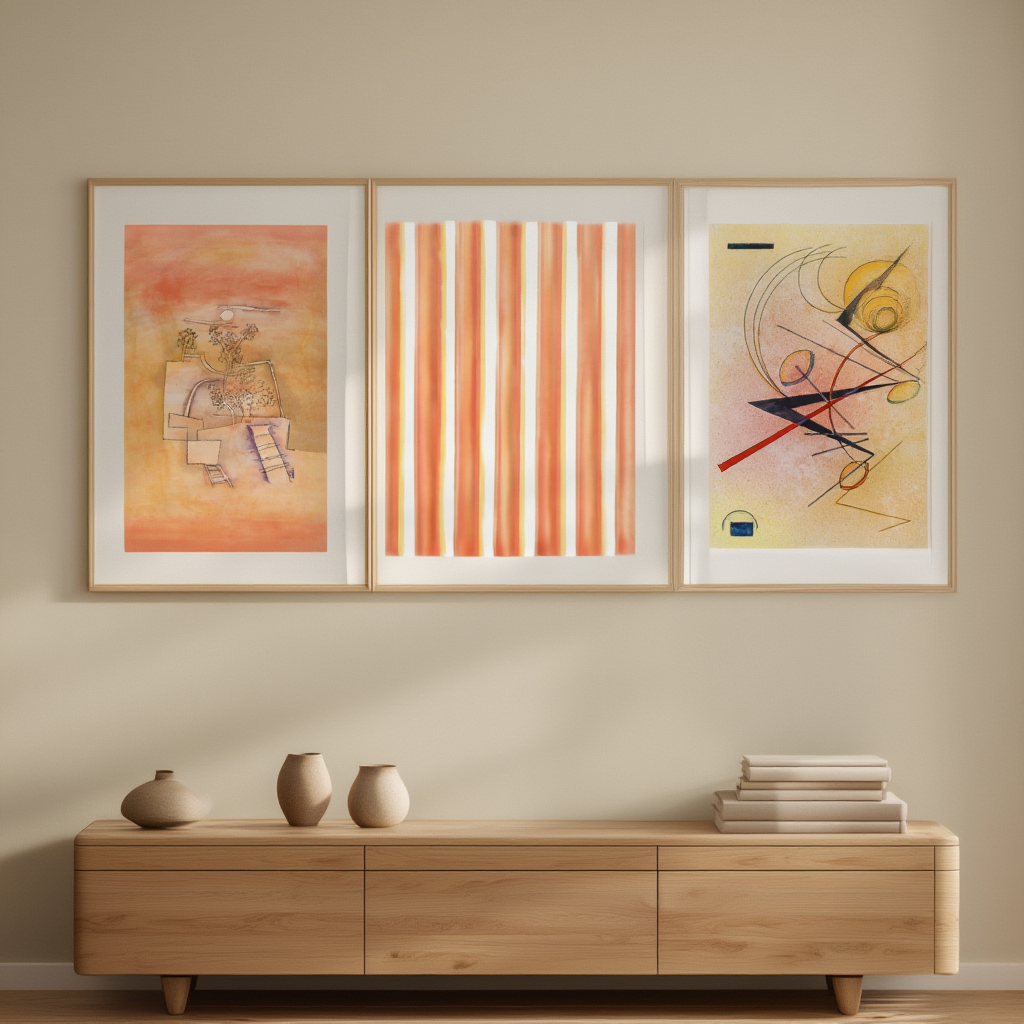 Set of 3 Decorative & Abstract Modern Prints  –  Schabloniertes Papier, Tree Culture & Kleines Warm
