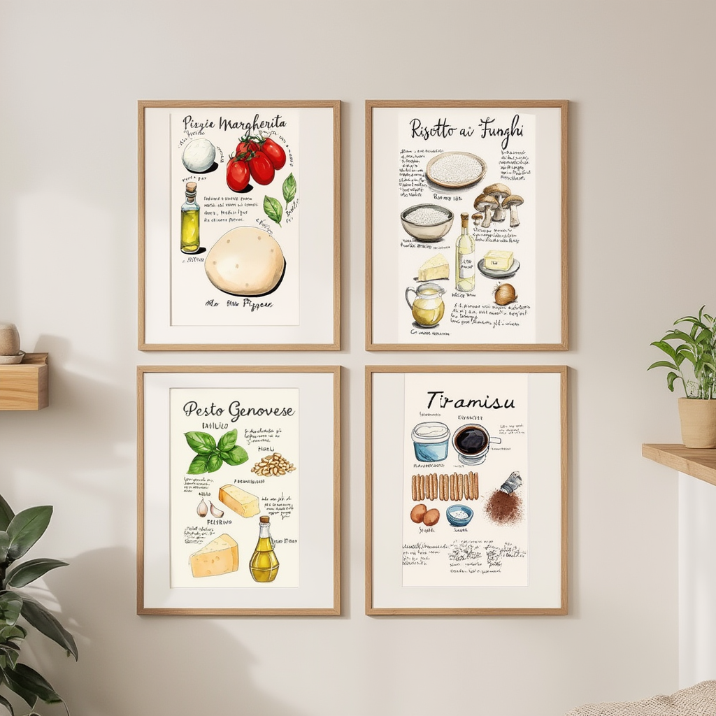 Set of 4 Kitchen Art Prints – Tiramisu, Pesto & Pizza – Culinary Wall Decor - Hakyarts
