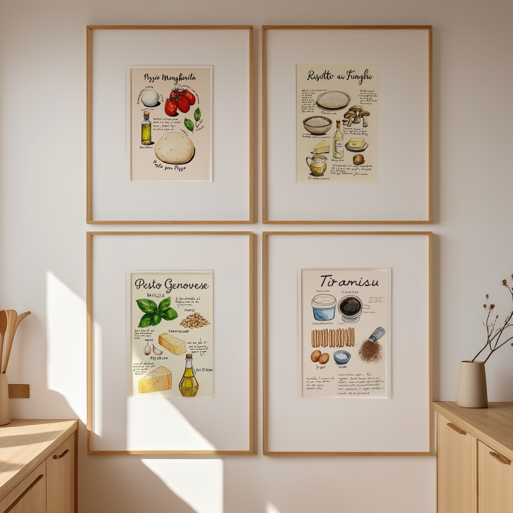 Set of 4 Kitchen Art Prints – Tiramisu, Pesto & Pizza – Culinary Wall Decor - Hakyarts