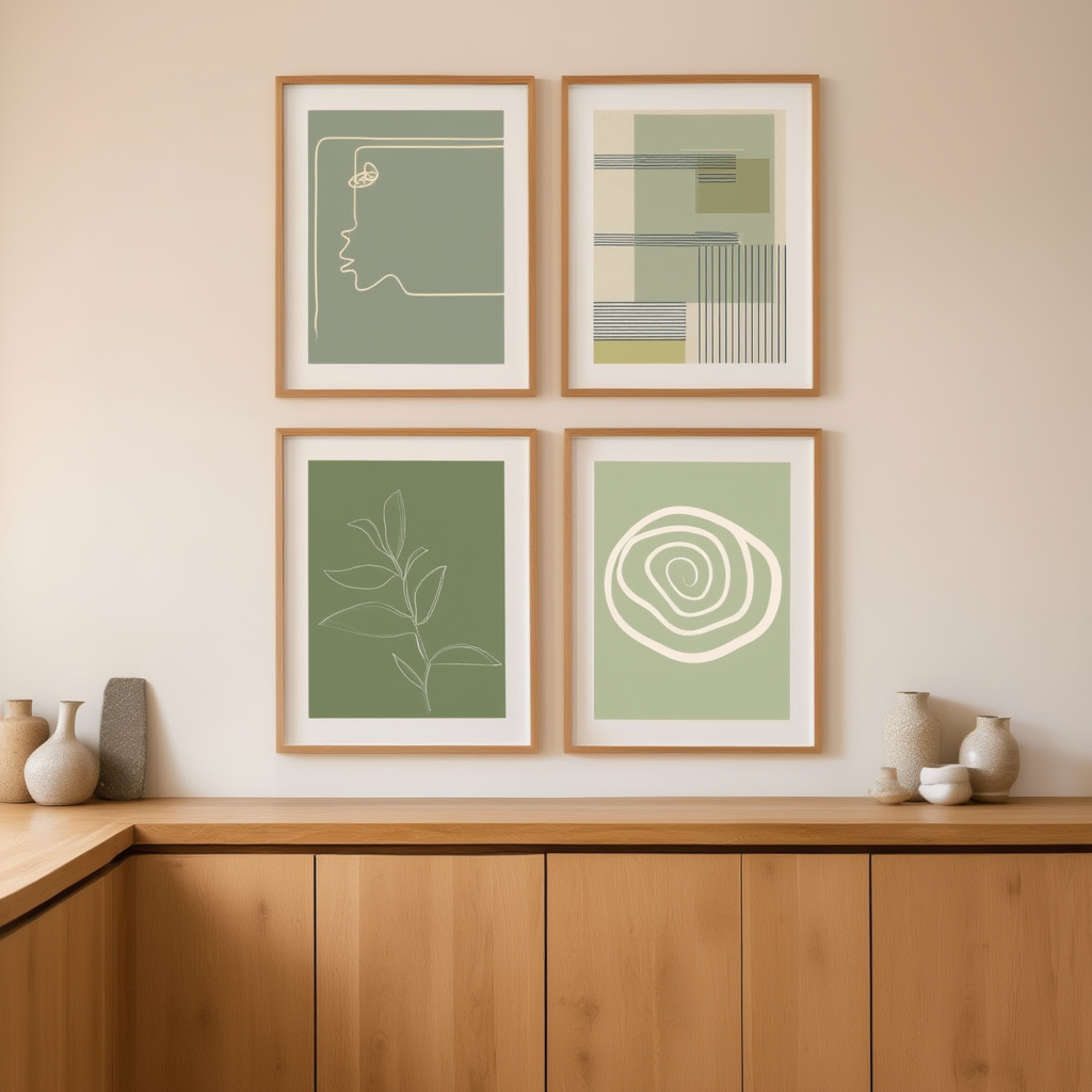 Set of 4 Art Prints  – Green Botanical Abstract - Hakyarts