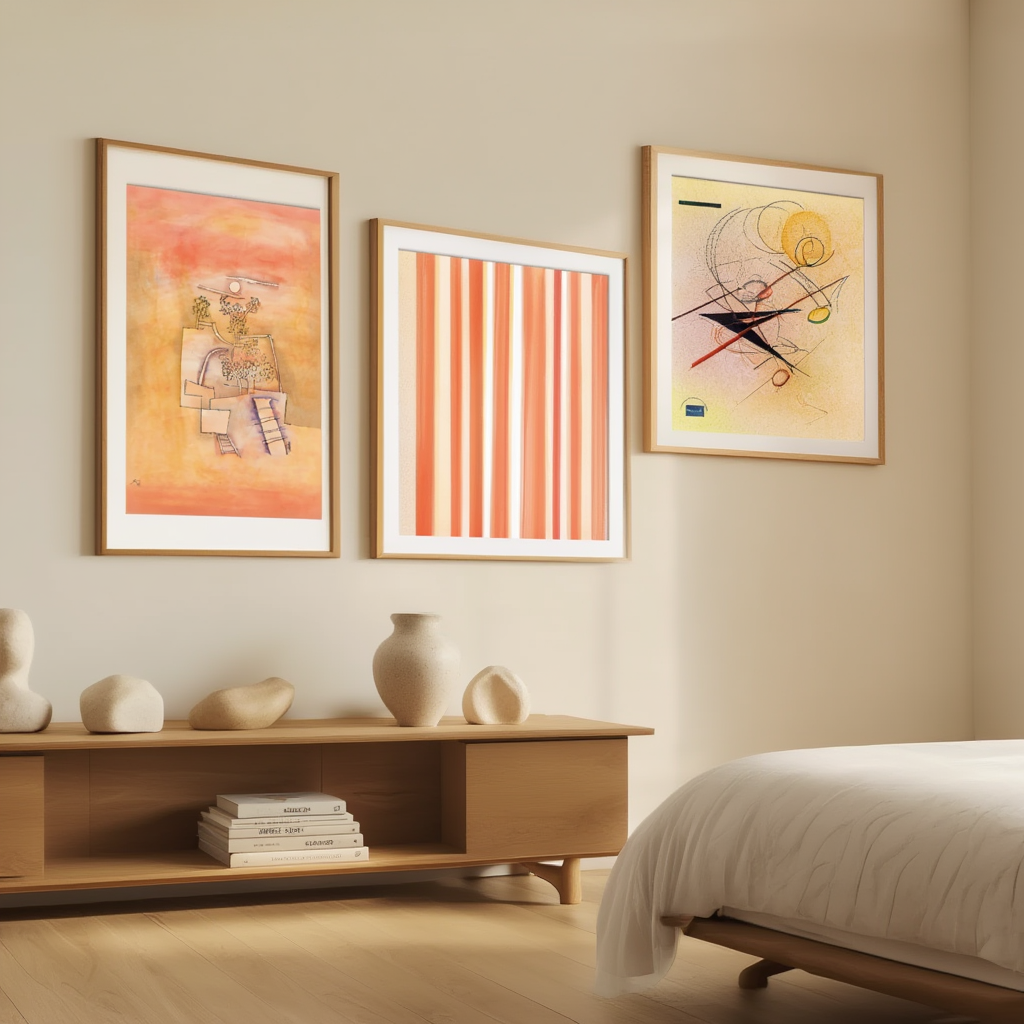 Set of 3 Decorative & Abstract Modern Prints  –  Schabloniertes Papier, Tree Culture & Kleines Warm