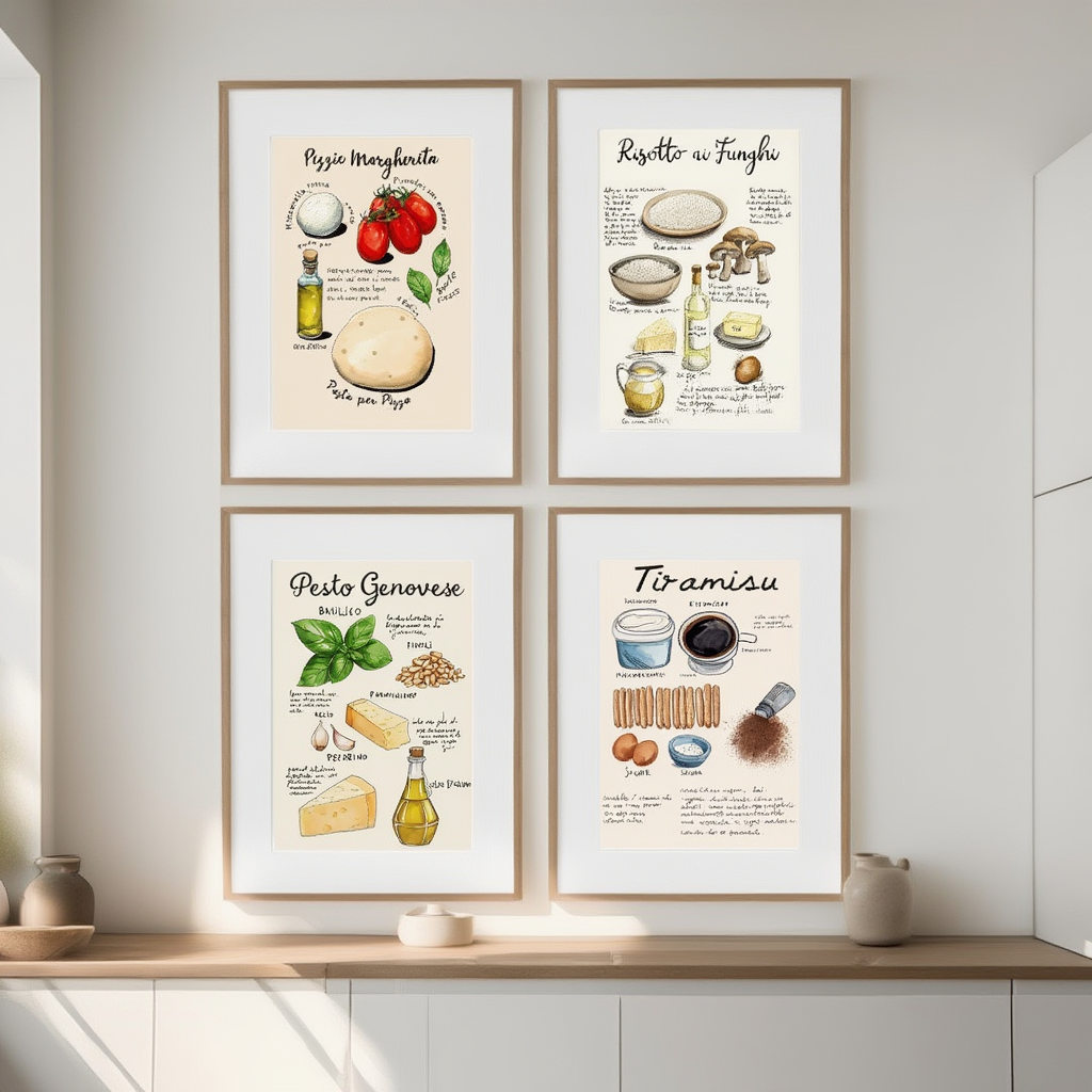 Set of 4 Kitchen Art Prints – Tiramisu, Pesto & Pizza – Culinary Wall Decor - Hakyarts