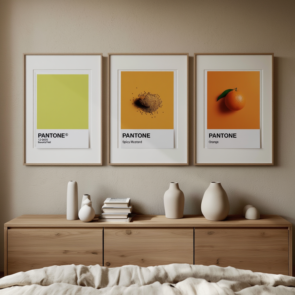 Set of 3 Pantone-Inspired Spicy Mustard, Orange & Banana Peel – Minimalist Color Art Prints