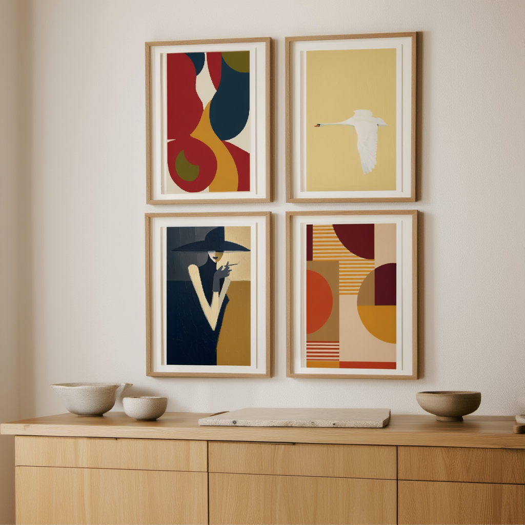 Set of 4 Geometric Figurative Art Prints – Modern Abstract Wall Art Co ...