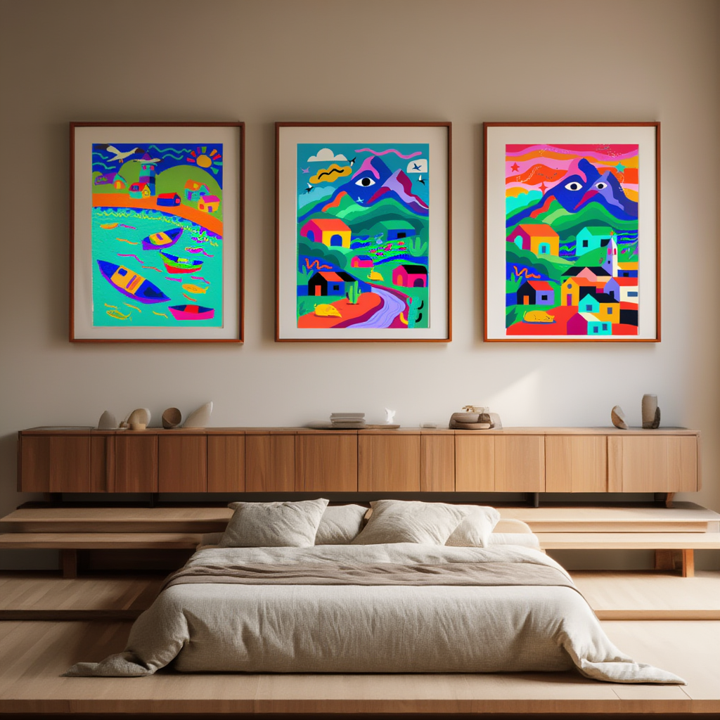 Set of 3 Colourful Mediterranean Village Prints – Bright Illustrated Wall Art