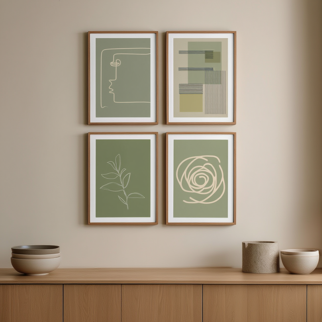 Set of 4 Art Prints  – Green Botanical Abstract - Hakyarts