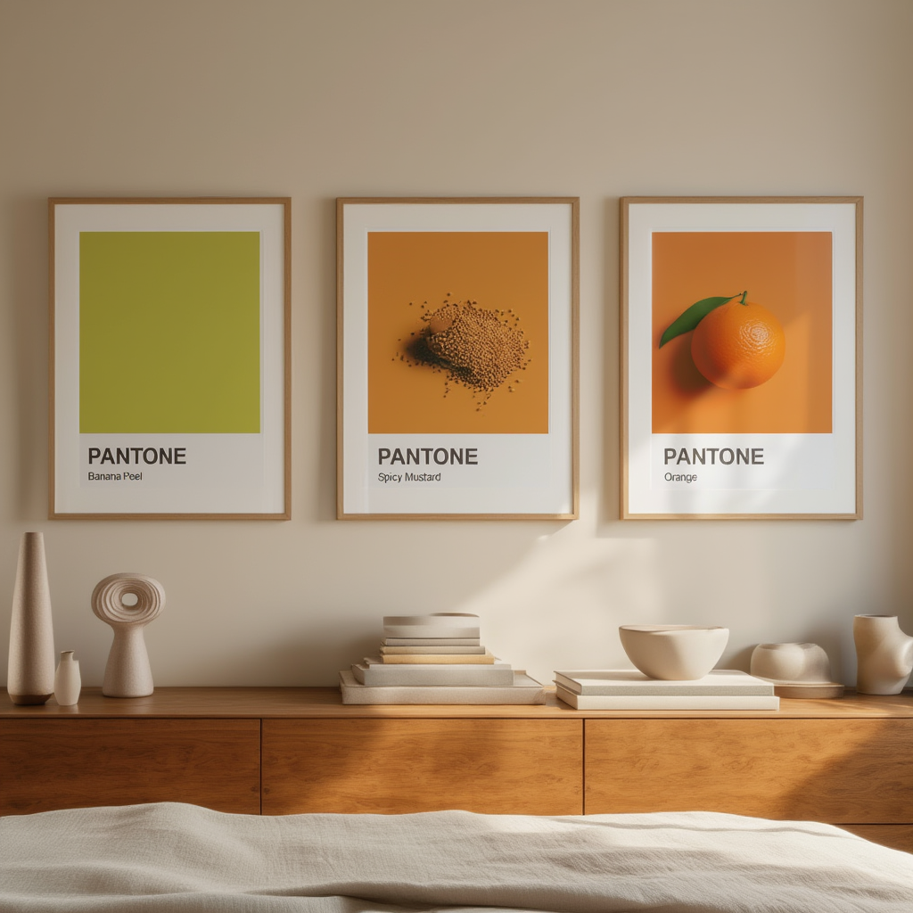 Set of 3 Pantone-Inspired Spicy Mustard, Orange & Banana Peel – Minimalist Color Art Prints