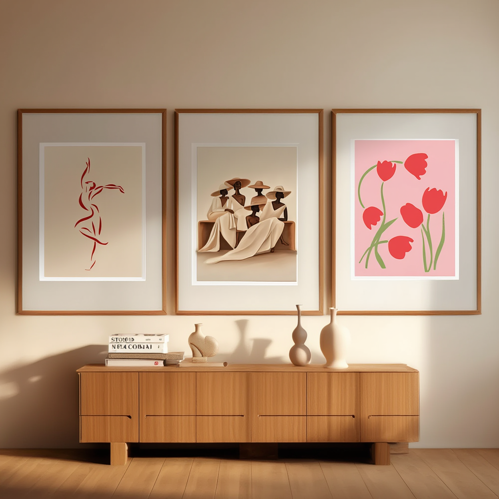 Set of 3 Tulips Black Women Line Art Prints – Minimalist Botanical & Figurative Wall Art - Hakyarts