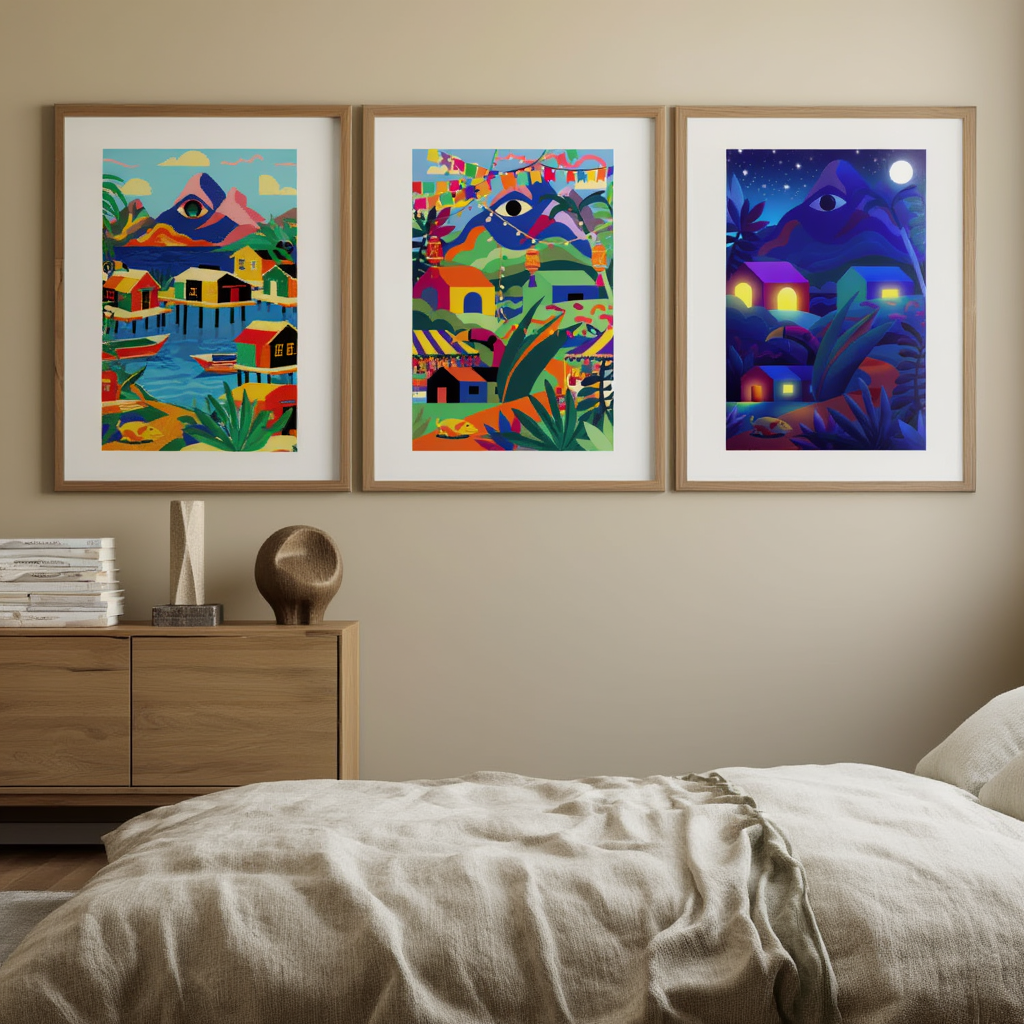 Colourful Coastal Villages – Set of 3 Illustrated Mediterranean Art Prints