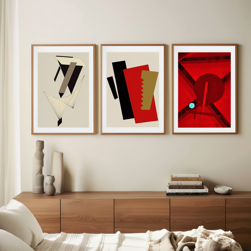 Set of 3 Moholy-Nagy & El Lissitzky Composition Prints – Red, Black & Grey Modernist Wall Art - Hakyarts