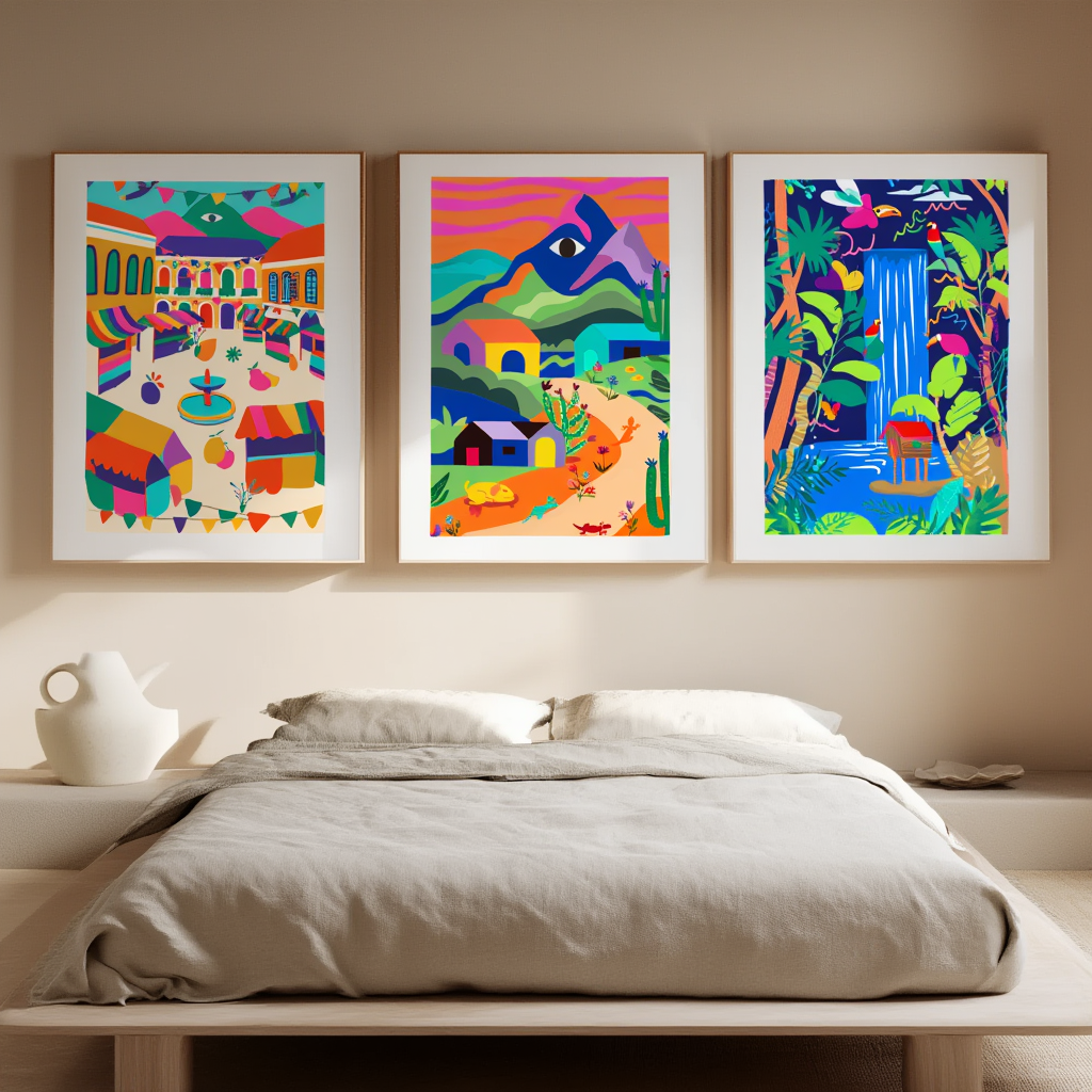 Set of 3 Colourful Village Art Prints – Illustrated Coastal Town Wall Decor