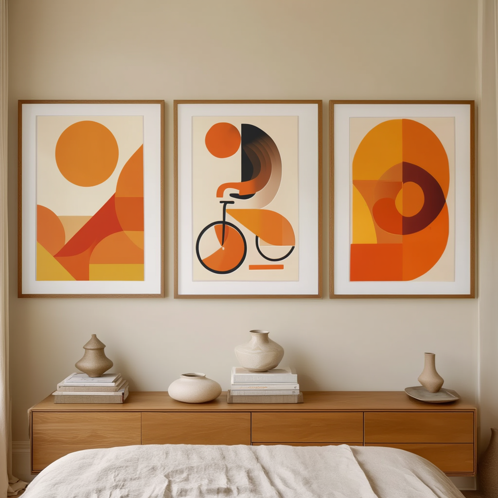 Abstract Orange Bauhaus Bicycle – Office Set of 3 Prints - Hakyarts