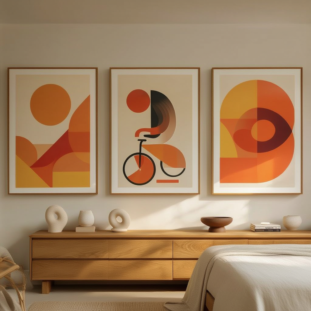 Abstract Orange Bauhaus Bicycle – Office Set of 3 Prints - Hakyarts