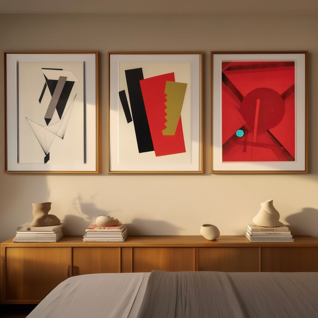 Set of 3 Moholy-Nagy & El Lissitzky Composition Prints – Red, Black & Grey Modernist Wall Art - Hakyarts