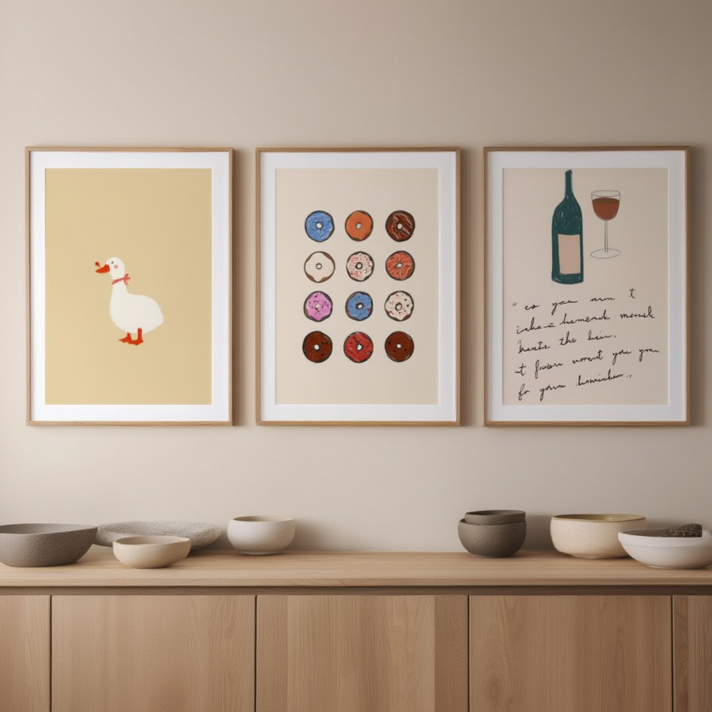Set of 3 Kitchen & Everyday Life Art Prints – Modern Figurative Wall Decor - Hakyarts