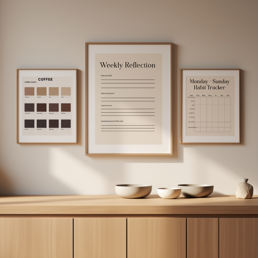 Bundle of 3 Habit Tracker, Coffee & Reflections Prints – Minimalist Productivity Wall Art - Hakyarts