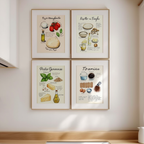 Set of 4 Kitchen Art Prints – Tiramisu, Pesto & Pizza – Culinary Wall Decor - Hakyarts