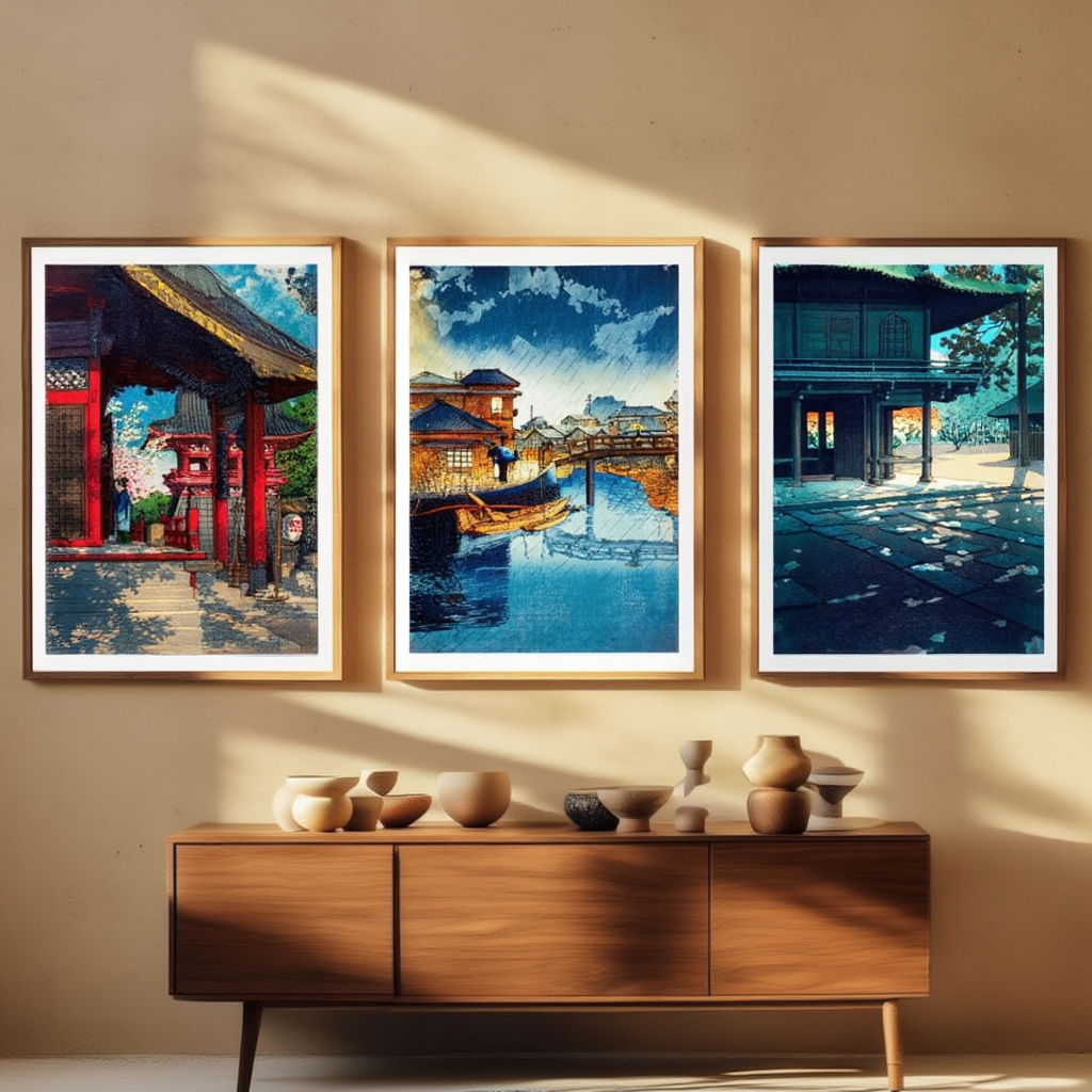 Set of 3 Kawase Hasui Prints – Heirin-ji Nobidome, Shinagawa & Meguro Fudō Temple - Hakyarts
