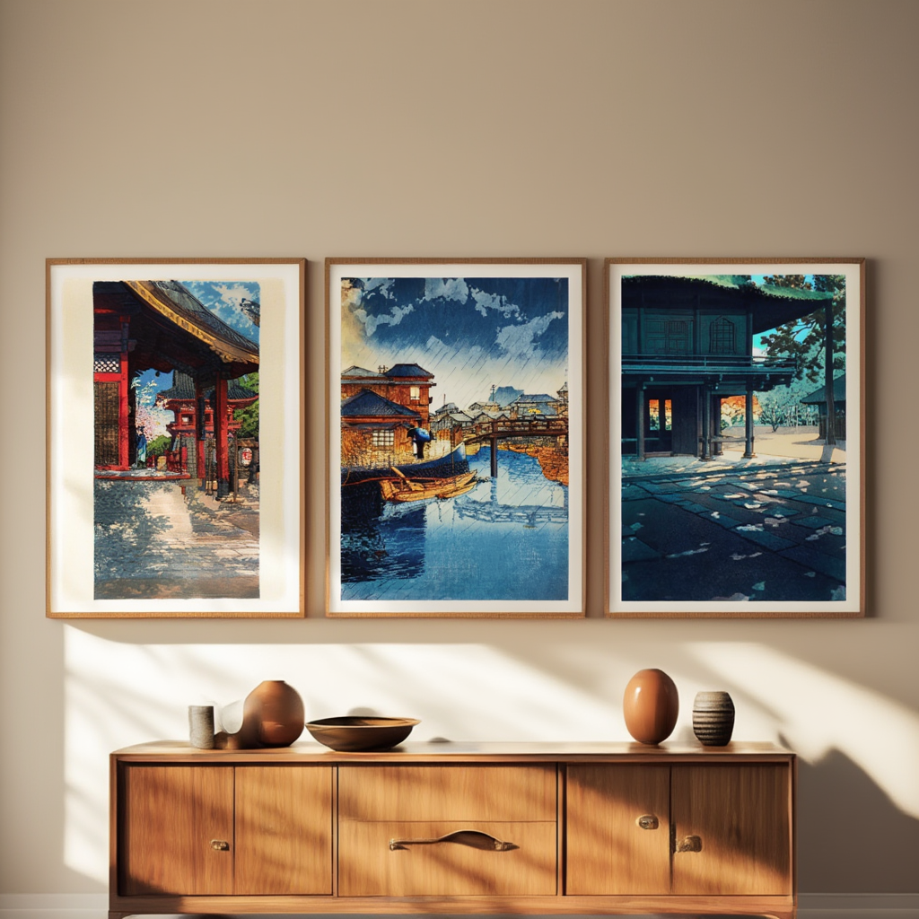 Set of 3 Kawase Hasui Prints – Heirin-ji Nobidome, Shinagawa & Meguro Fudō Temple - Hakyarts