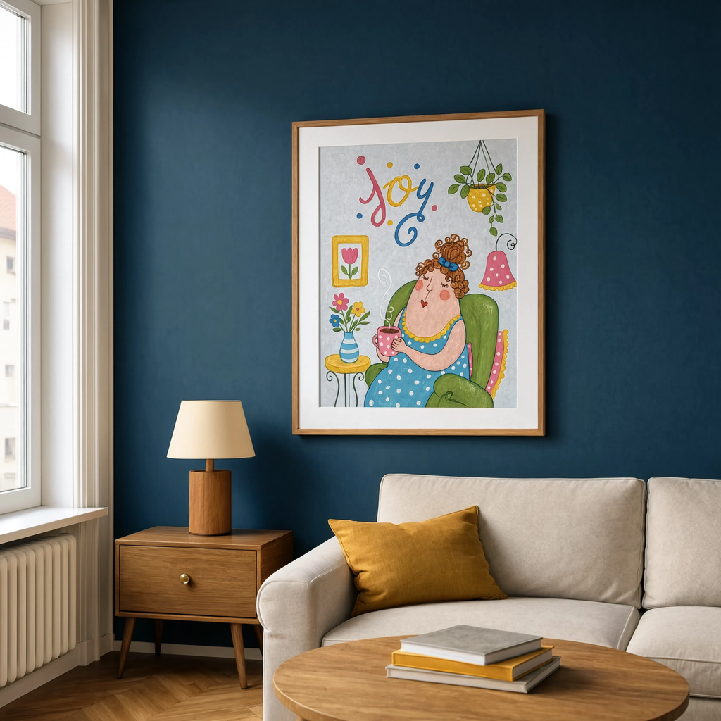 Whimsical Joy Coffee Drinking Folk Art Variation | Contemporary Folk Art Print