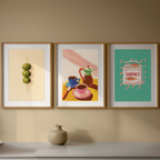 Set of 3 Olives, Sardines & Breakfast Table Prints – Mediterranean Kitchen Wall Art - Hakyarts
