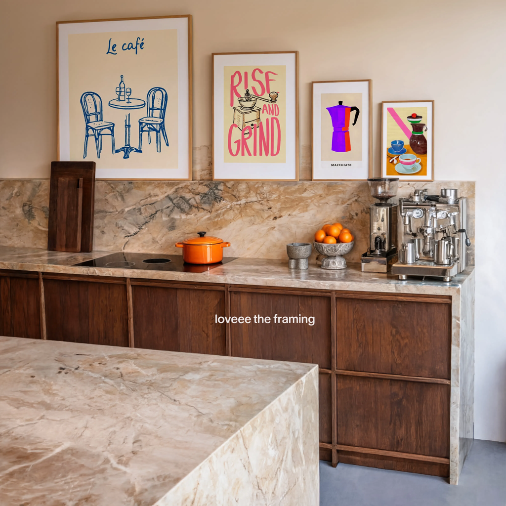 Set of 4 Wall Art Prints – Macchiato Espresso, Coffee Table Scene & Café Typography Collection