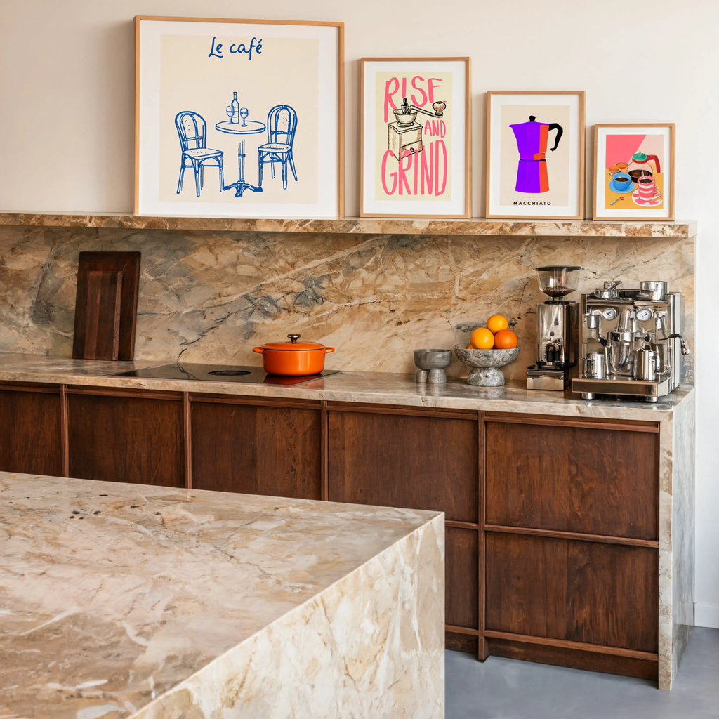 Set of 4 Wall Art Prints – Macchiato Espresso, Coffee Table Scene & Café Typography Collection