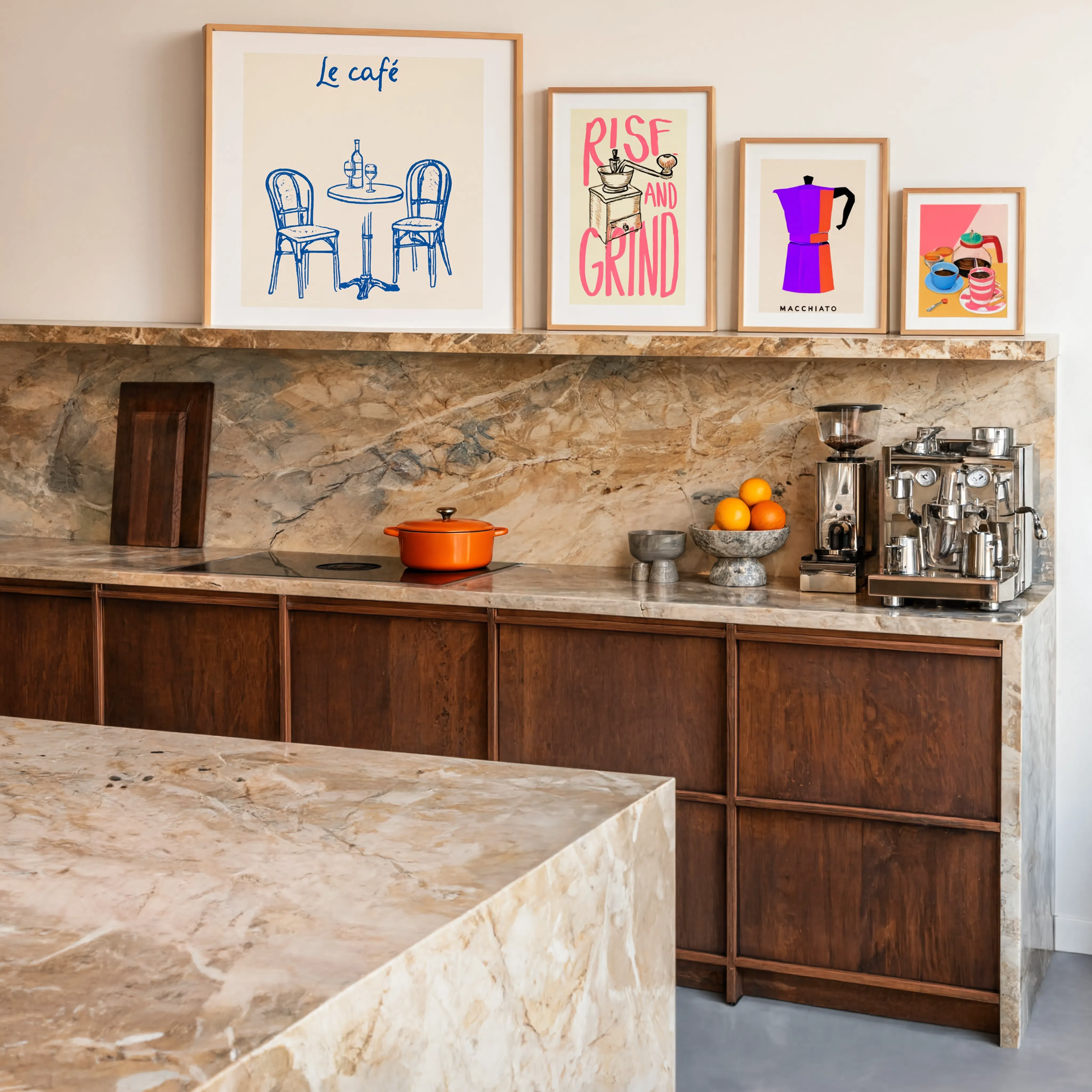 Set of 4 Wall Art Prints – Macchiato Espresso, Coffee Table Scene & Café Typography Collection