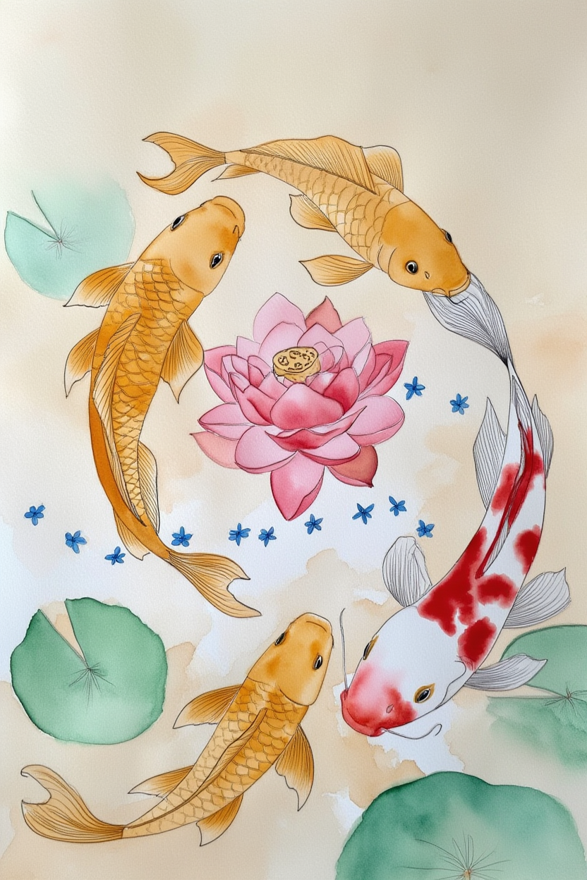 Koi Lotus Japanese Art Print
