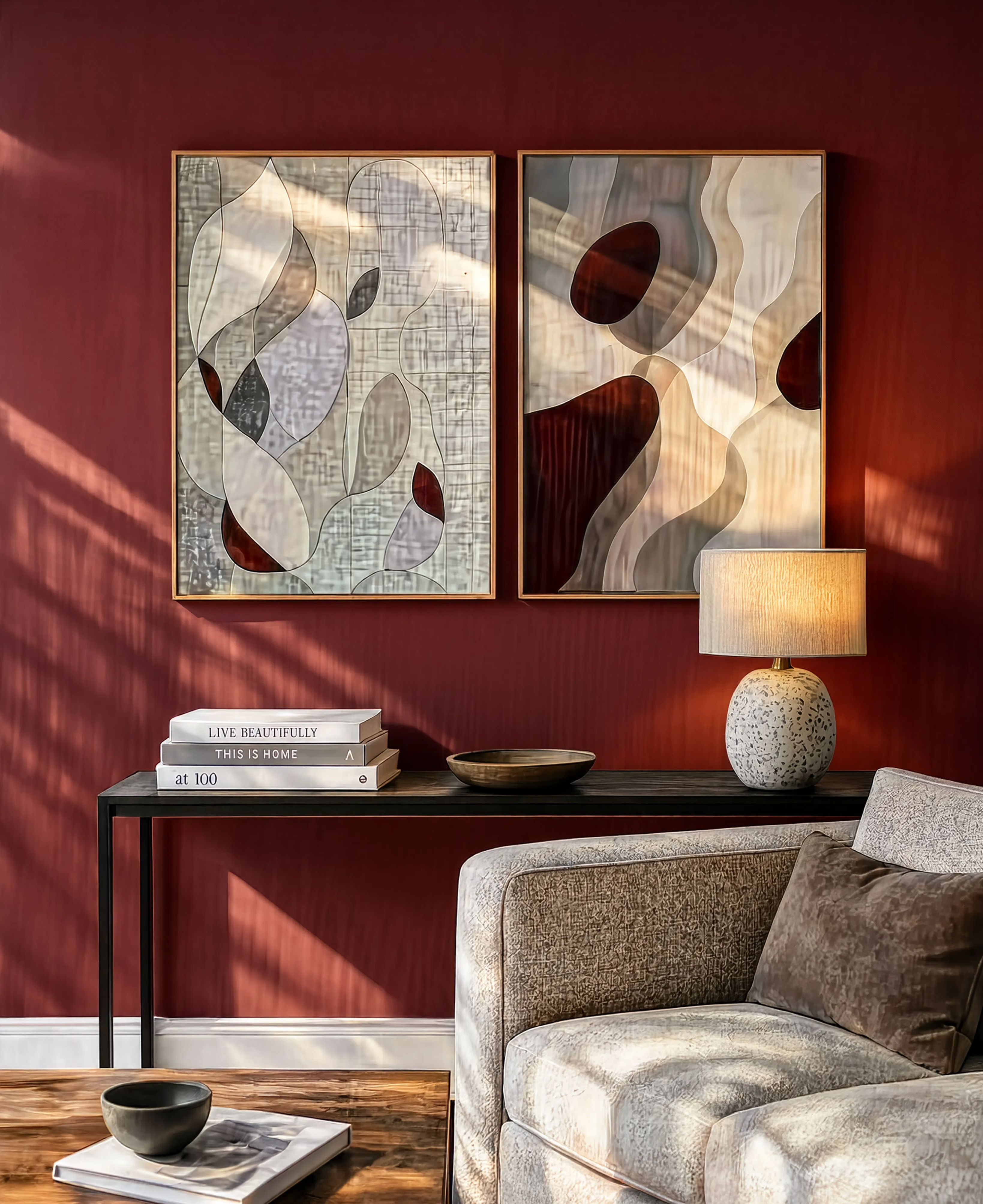 Set of 2 Layered Petal & Burgundy Fields | Contemporary Abstract Art Prints