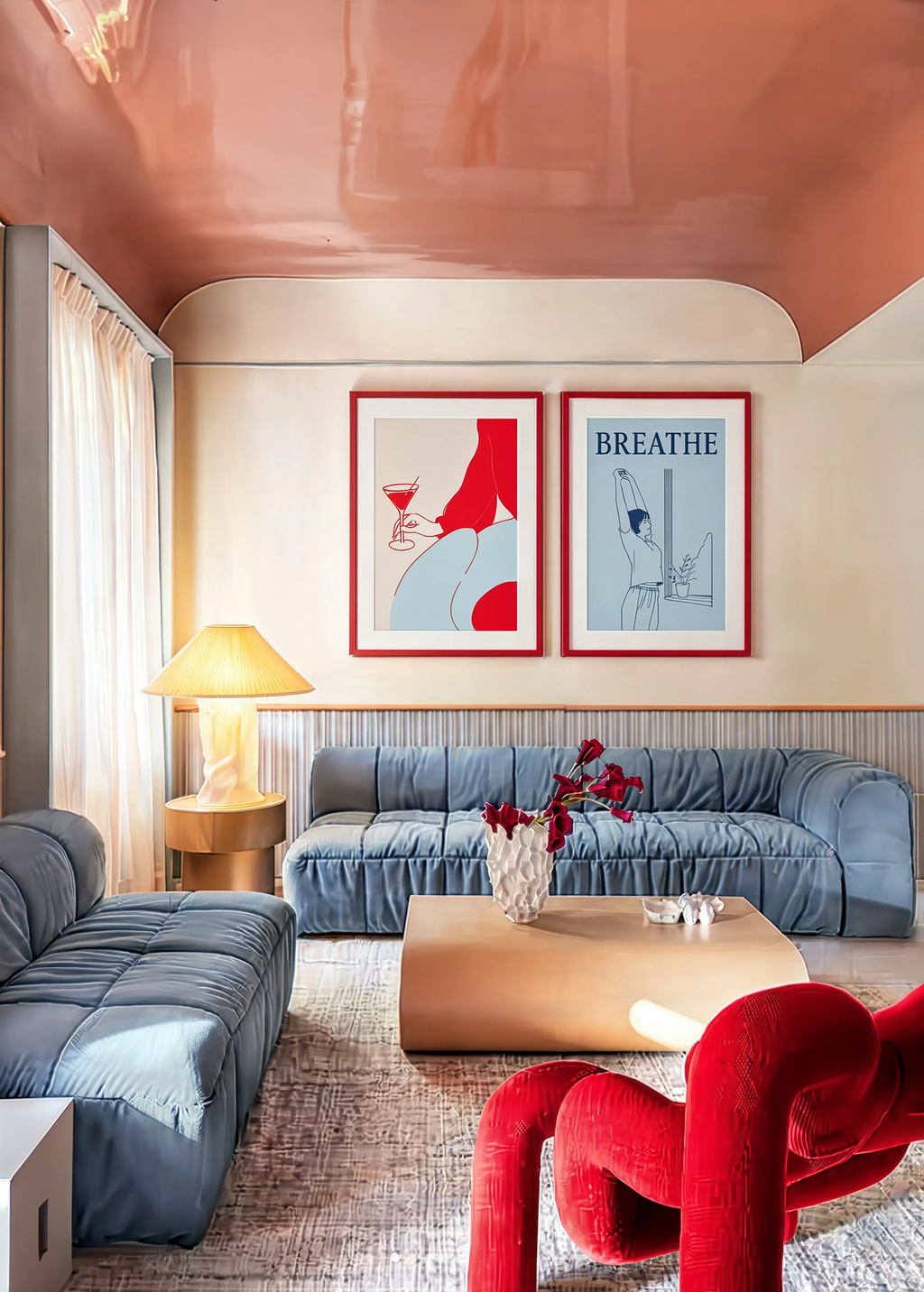 Set of 2 Red & Pale Blue Martini | Contemporary Cocktail Wall Art Print | Breathe | Minimalist Quote Wall Art