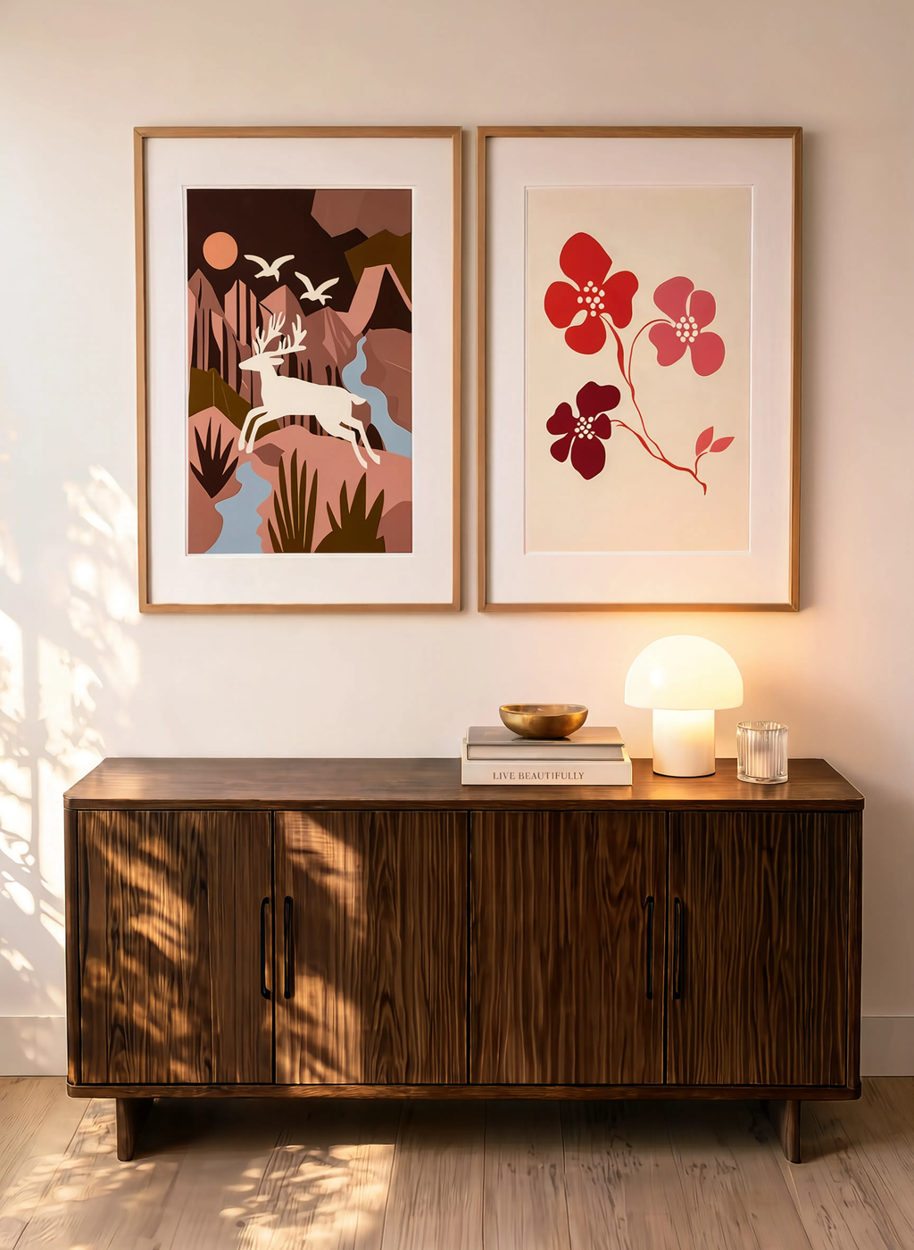 Set of 2 Fox Illustration & Red & Pink Floral Poster | Woodland & Botanical Wall Art Set