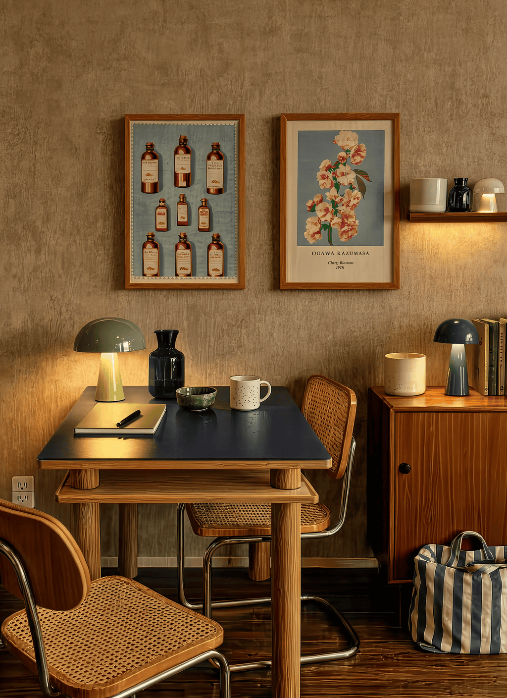 Set of 2 Vintage-Inspired Art Prints – Eli Lilly Chocolate Medicine Bottles & Ogawa Kazumasa’s Cherry Blossom Gallery Set