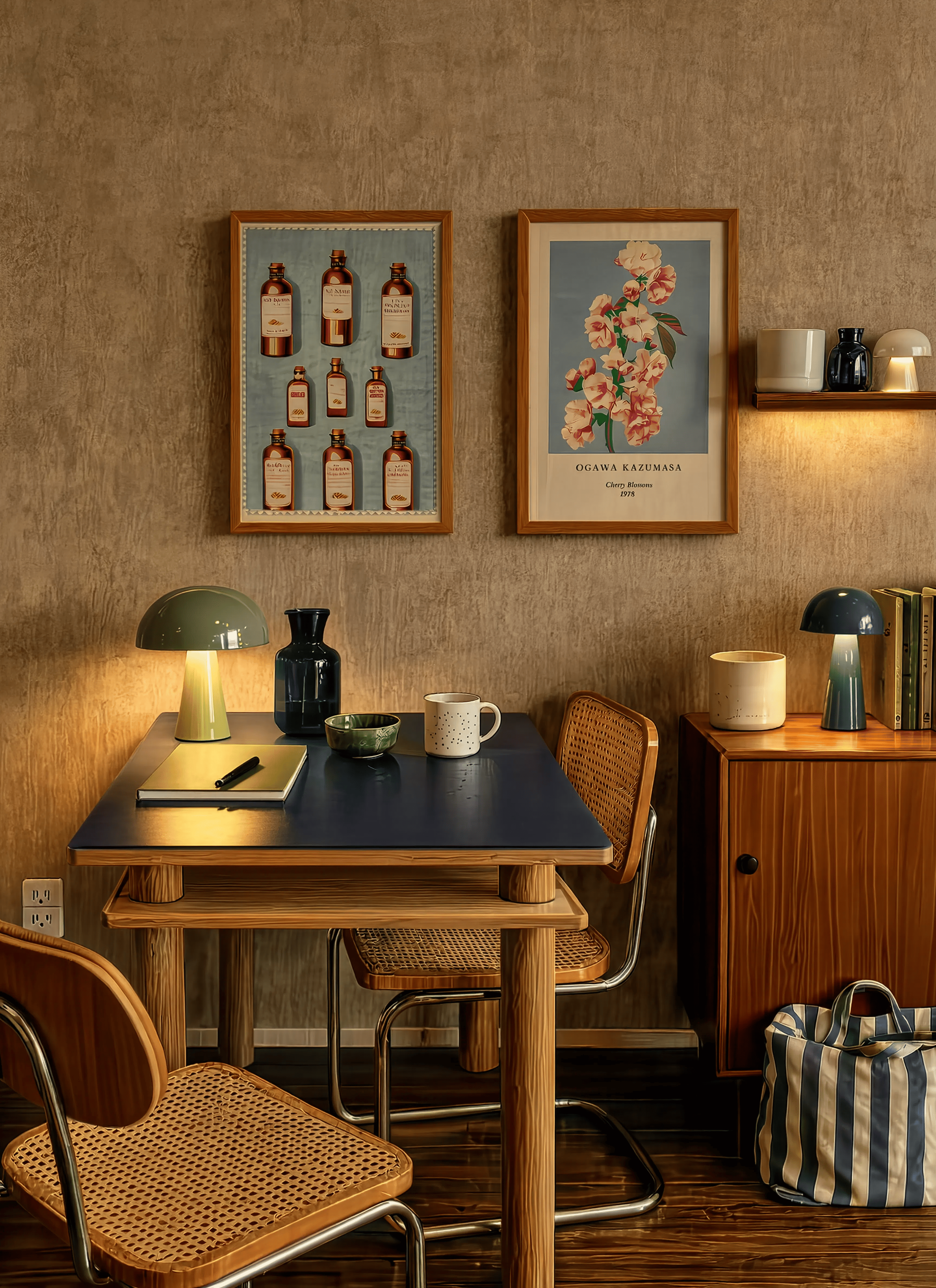Set of 2 Vintage-Inspired Art Prints – Eli Lilly Chocolate Medicine Bottles & Ogawa Kazumasa’s Cherry Blossom Gallery Set