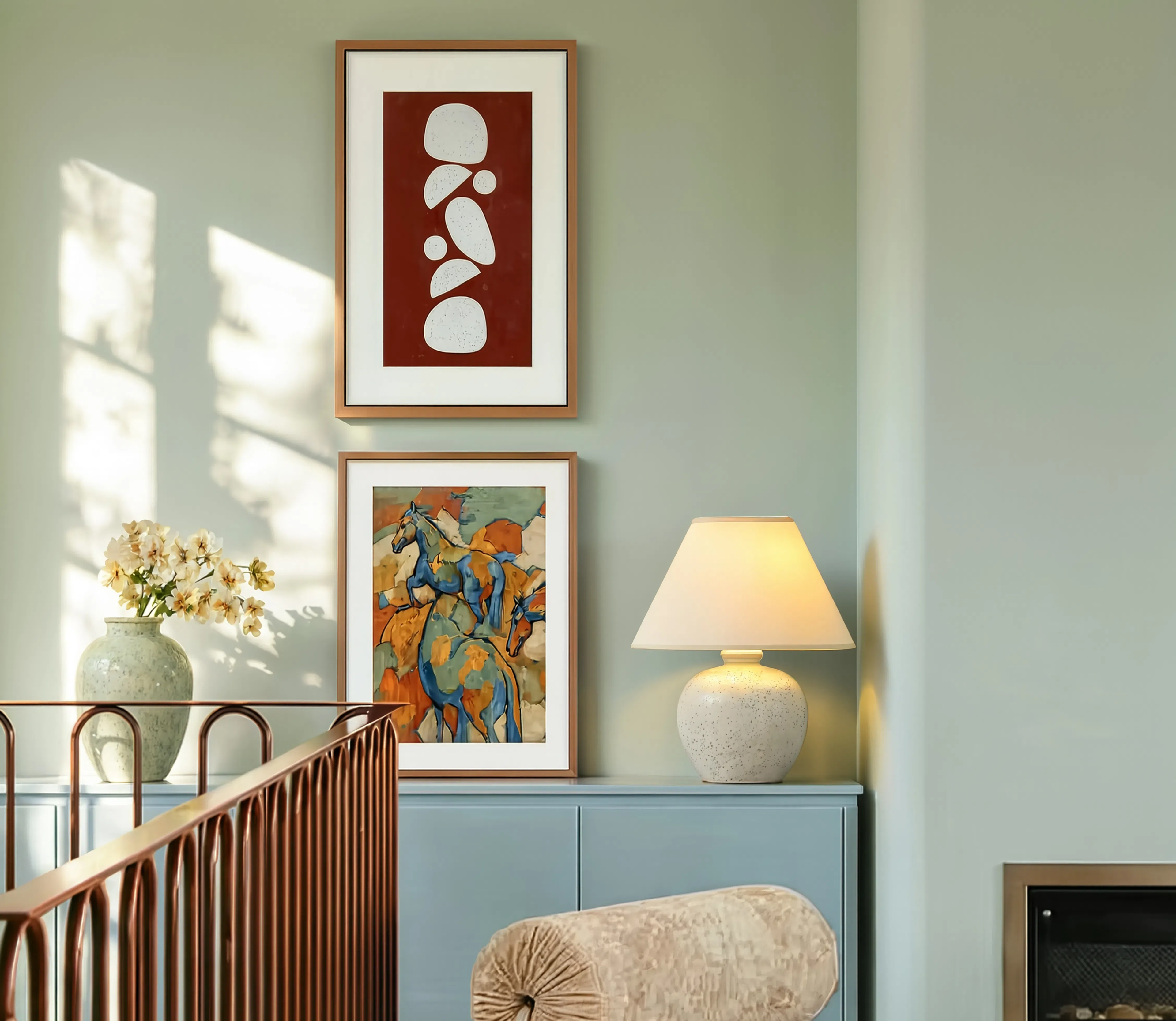 Set of 2 Blue Paper-Cut Forms & Horses | Contemporary Abstract & Figurative Art Prints