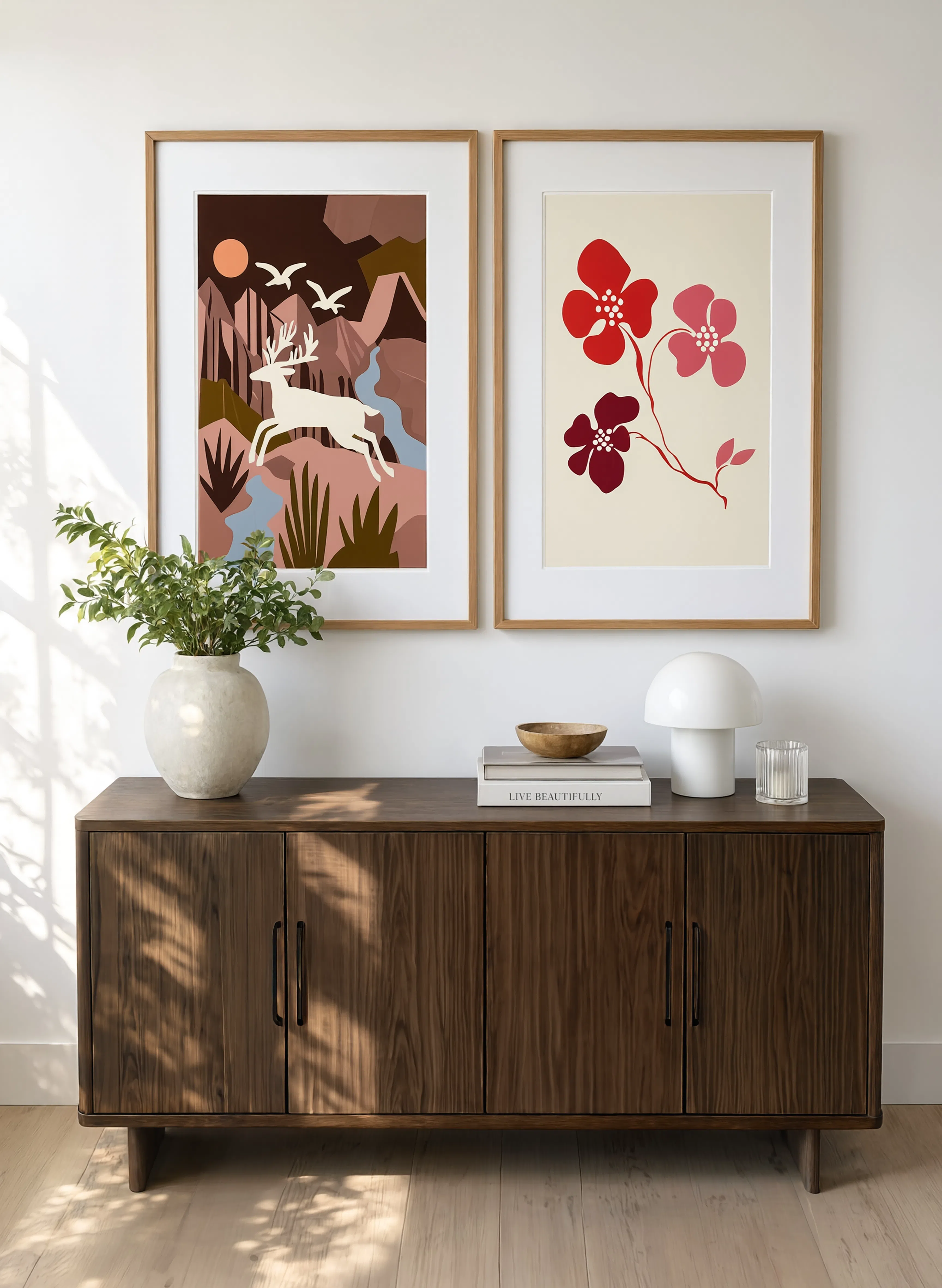 Set of 2 Fox Illustration & Red & Pink Floral Poster | Woodland & Botanical Wall Art Set