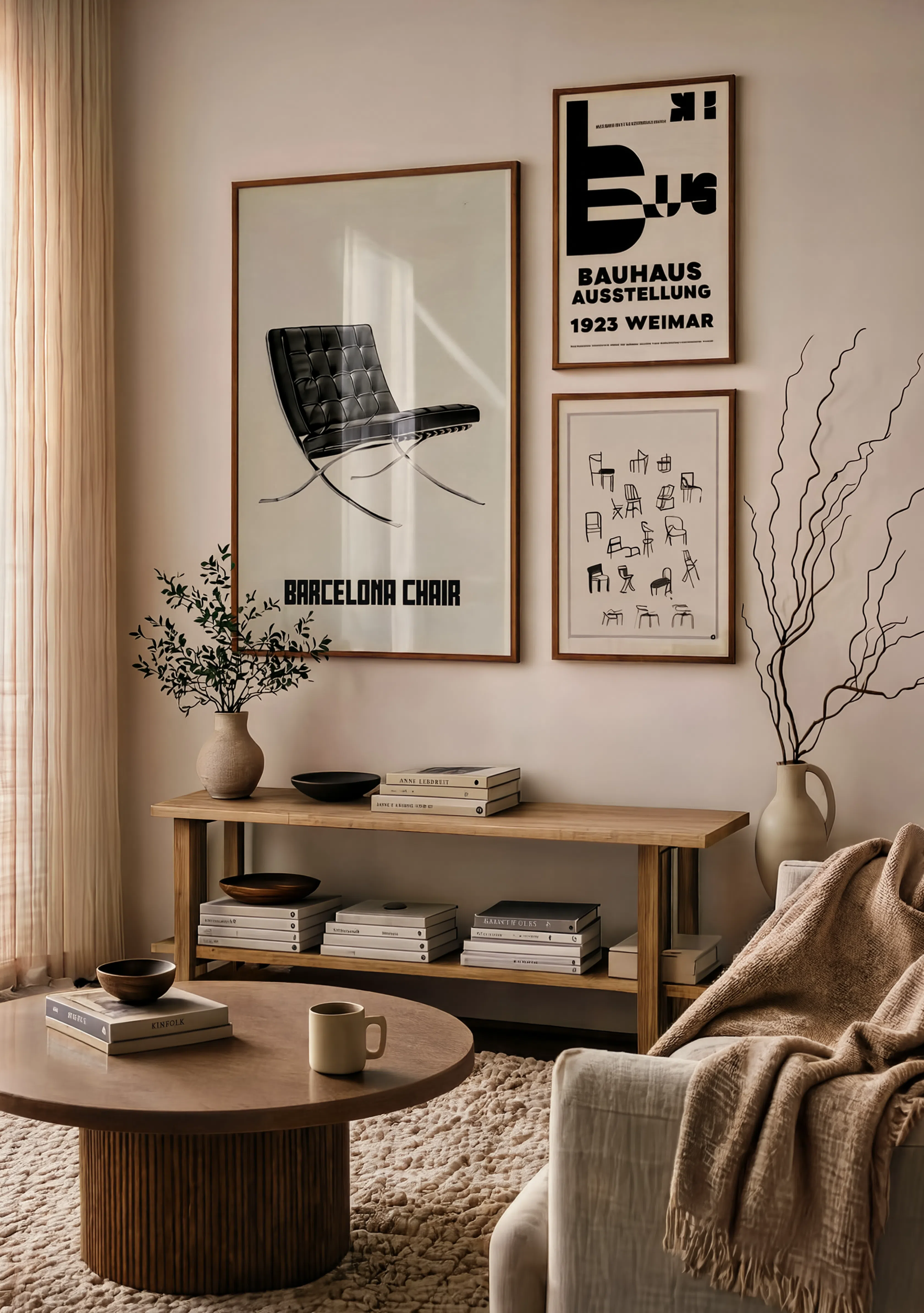 Bauhaus Wall Art Set of 3 – Barcelona Chair Print, Minimalist Furniture Sketches & Bauhaus Ausstellung 1923 Weimar Poster