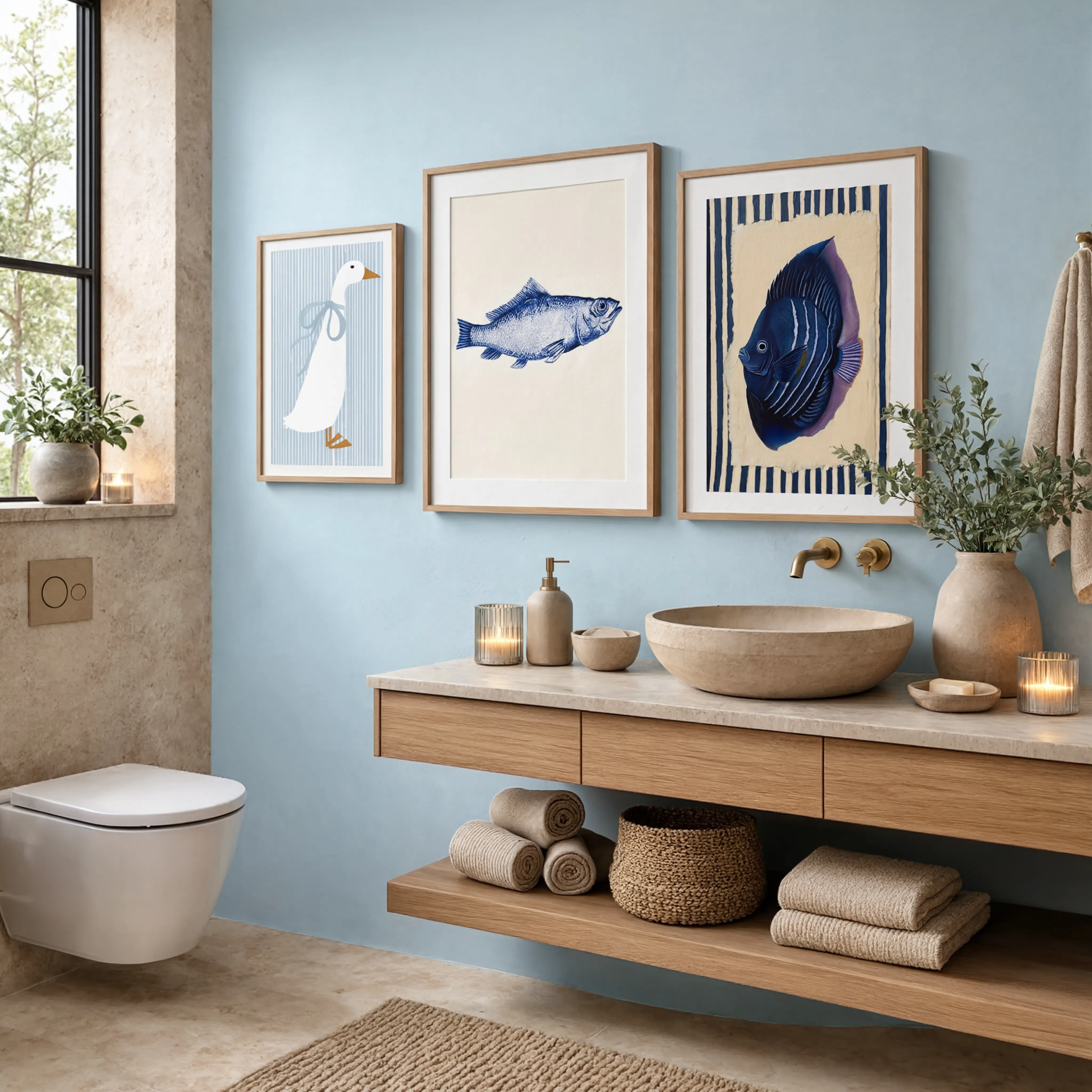 Blue Aquatic Wall Art Set of 3 – Abstract Fish, Scandinavian Goose & Minimalist Navy Prints