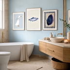 Blue Aquatic Wall Art Set of 3 – Abstract Fish, Scandinavian Goose & Minimalist Navy Prints