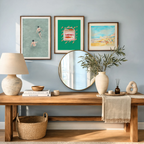 Coastal Summer Wall Art Set of 3 – Vintage Seascape, Sardine Illustration & Modern Summer Swim Print