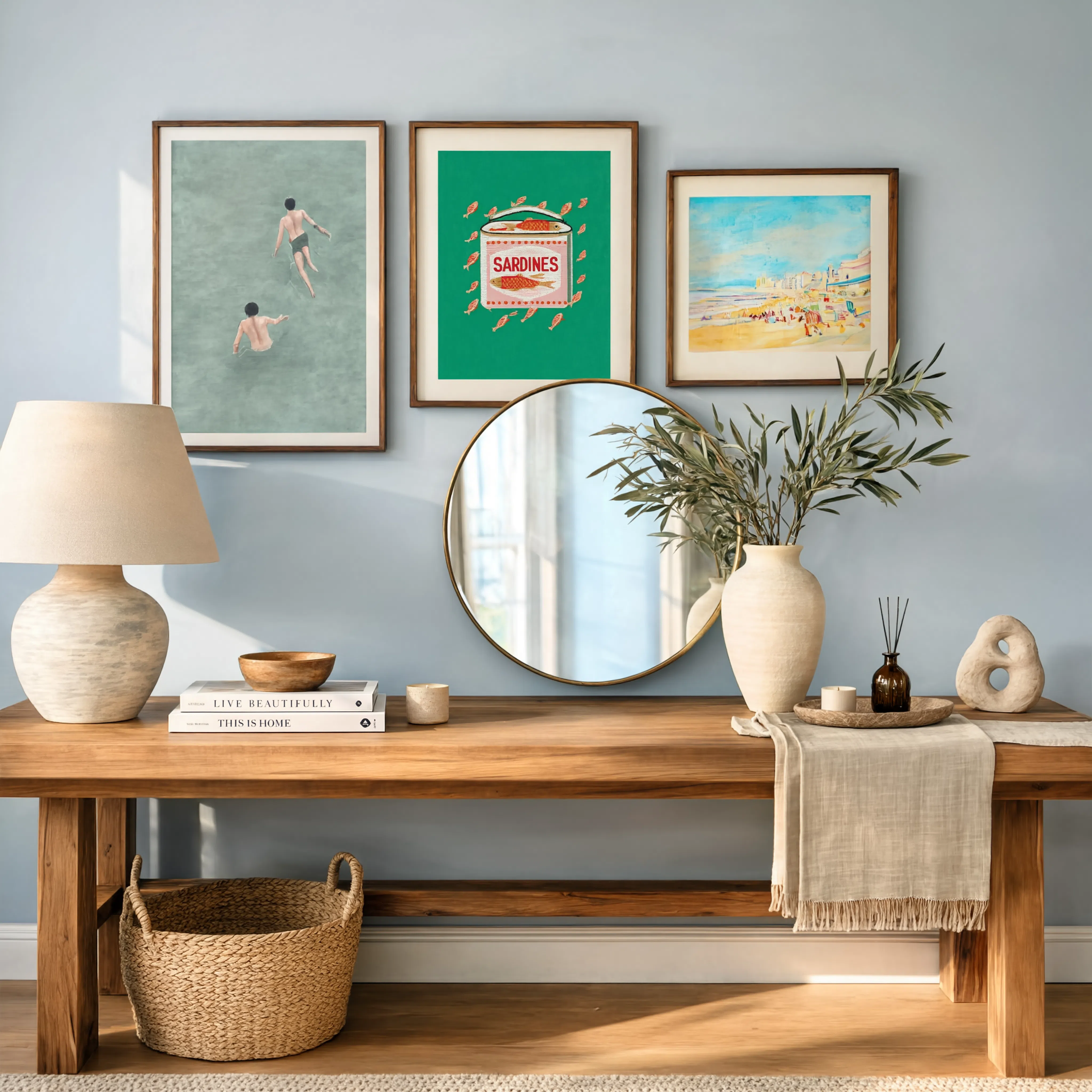 Coastal Summer Wall Art Set of 3 – Vintage Seascape, Sardine Illustration & Modern Summer Swim Print