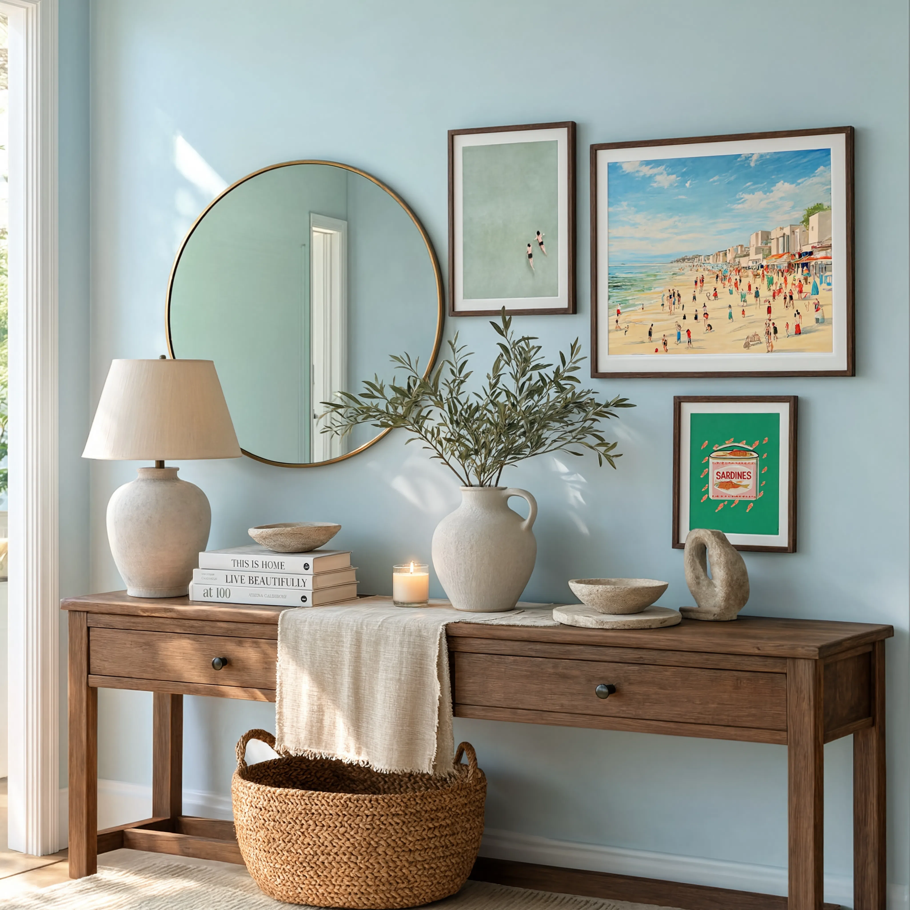 Coastal Summer Wall Art Set of 3 – Vintage Seascape, Sardine Illustration & Modern Summer Swim Print