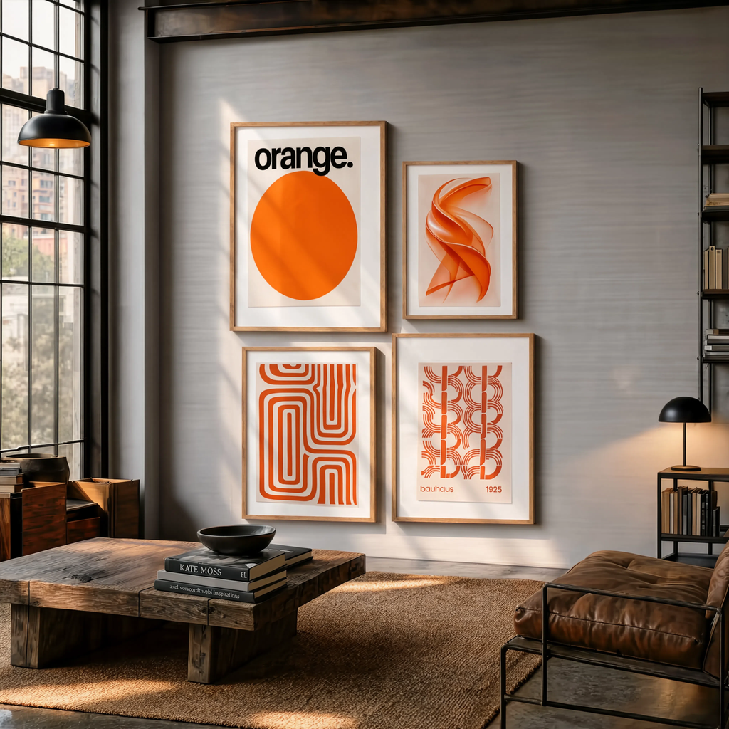 Set of 4 Wall Art Prints – Orange Maximalist, Bauhaus Geometric & Abstract Flow Collection
