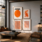 Set of 4 Wall Art Prints – Orange Maximalist, Bauhaus Geometric & Abstract Flow Collection