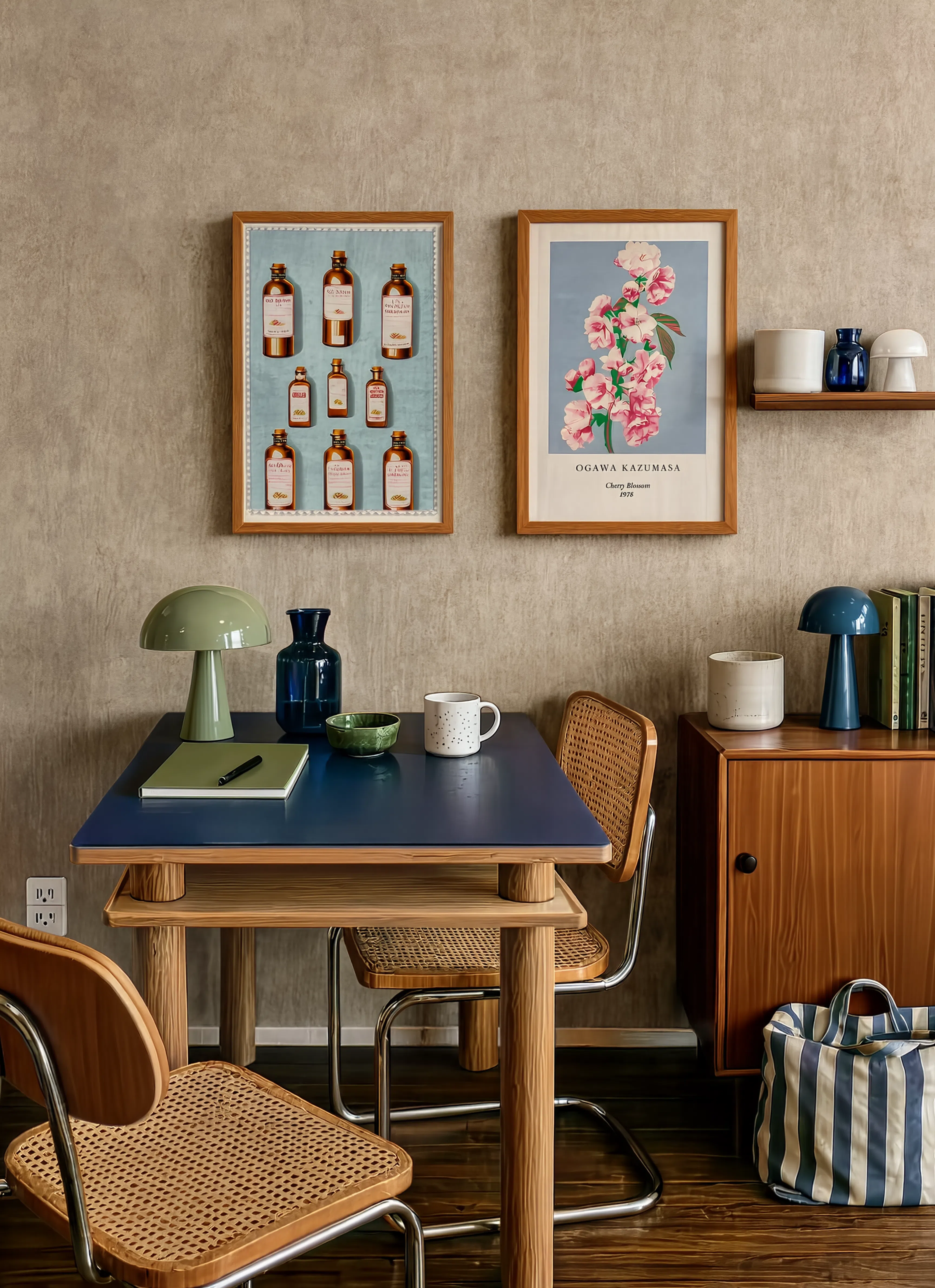 Set of 2 Vintage-Inspired Art Prints – Eli Lilly Chocolate Medicine Bottles & Ogawa Kazumasa’s Cherry Blossom Gallery Set