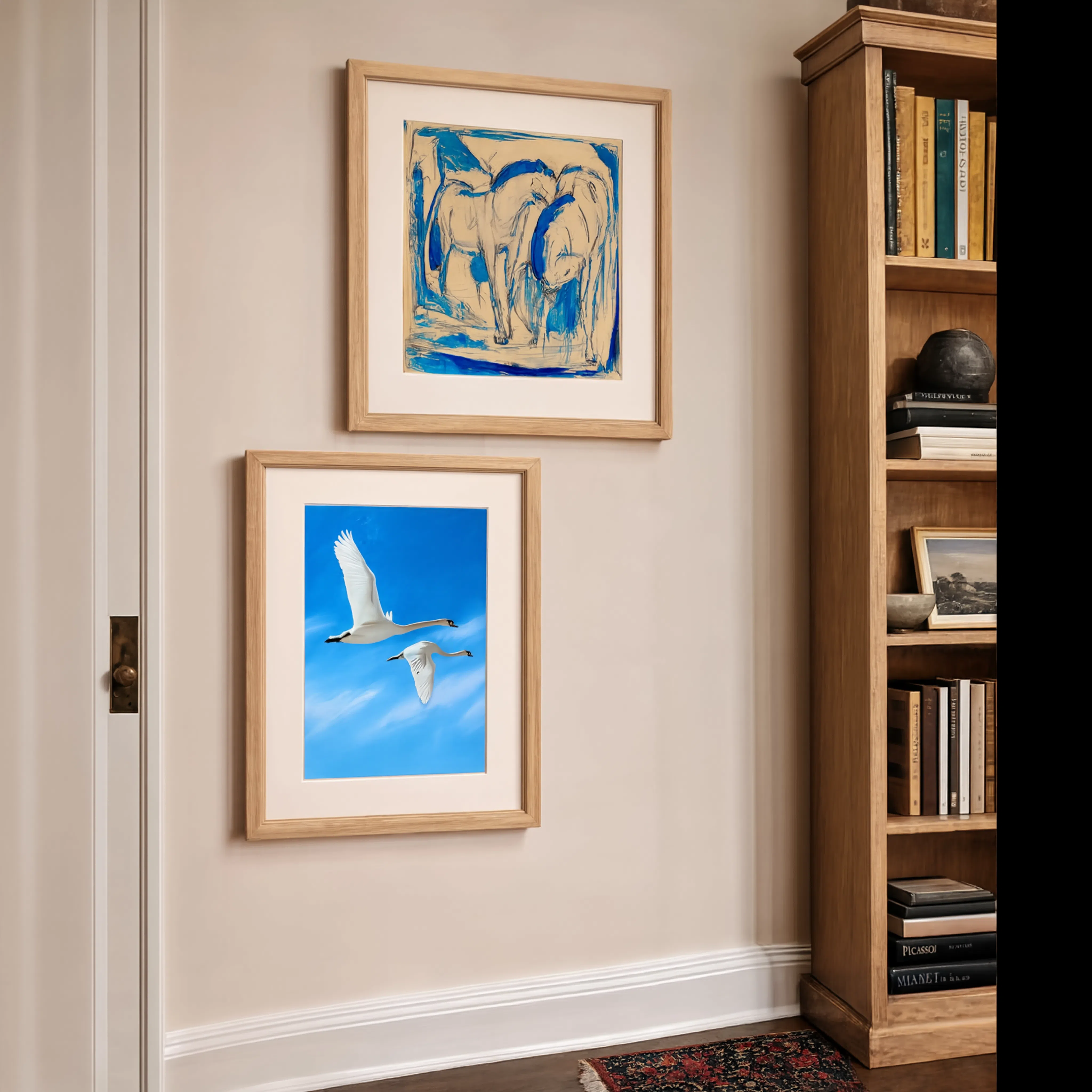 Set of 2 Wall Art Prints – Flying Swans Nature Scene & Franz Marc Expressionist Horses Collection