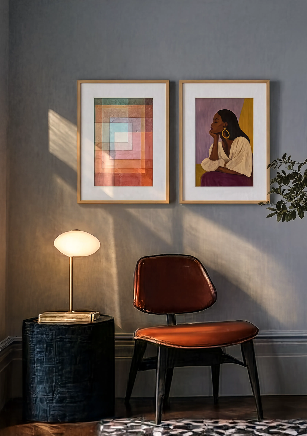 Set of 2 Modern Wall Art Prints | Polyphonically by Paul Klee & Elegant Black Woman Profile in Plum Tones
